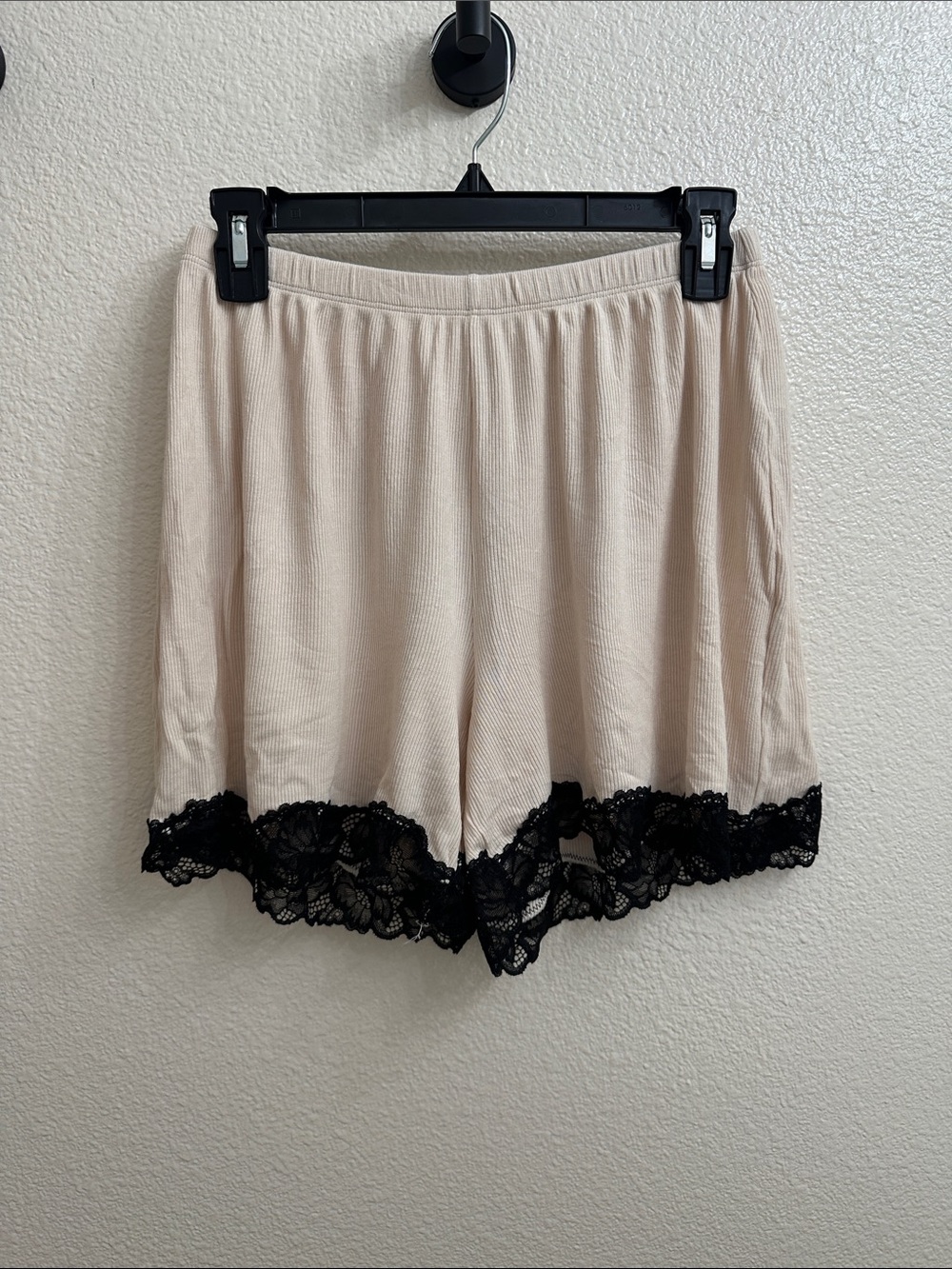 aerie Cream Sleep Shorts with Black Lace Hem
